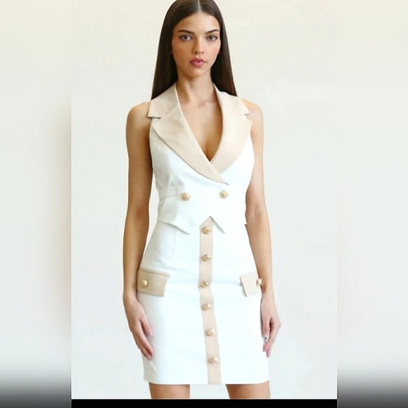 BLITHE Los Angeles white and tan gold button sleevless blazer dress. Small NWOT BLITHE Los Angeles white and tan gold button sleevless blazer dress. Small NWOT